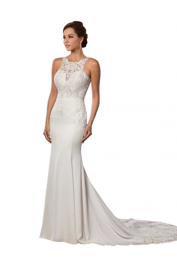 V-Back Lace High Neck Chapel Train Sleeveless Modern Wedding Dress Southampton