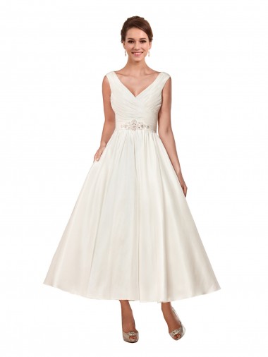 Satin V-Neck Ankle Length Sleeveless Wedding Dress Southampton