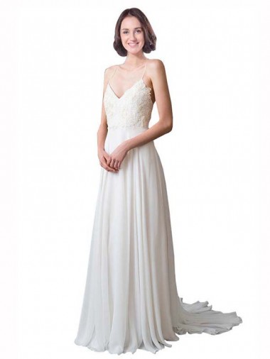 Soft Chiffon & Lace Spaghetti Straps Chapel Train Sleeveless Beach Wedding Dress Southampton
