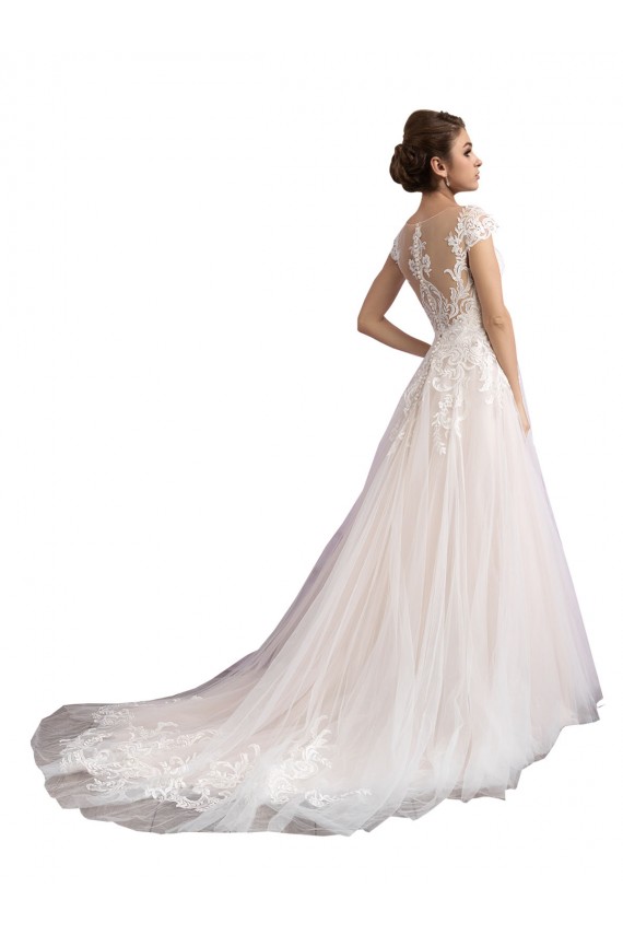 Tulle & Lace Illusion Neck Cathedral Train Cap Sleeves Beach Wedding Dress Southampton