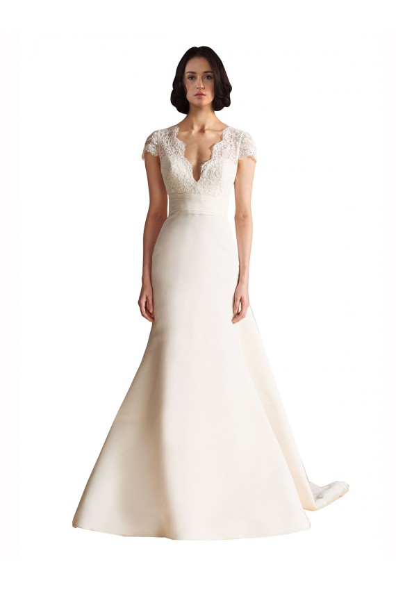Keyhole Back Satin V-Neck Chapel Train Cap Sleeves Wedding Dress Southampton
