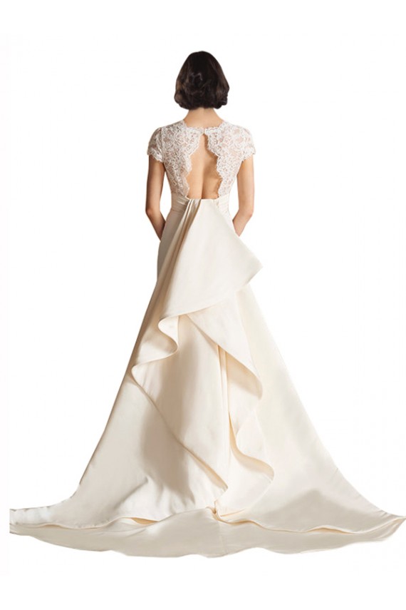 Keyhole Back Satin V-Neck Chapel Train Cap Sleeves Wedding Dress Southampton