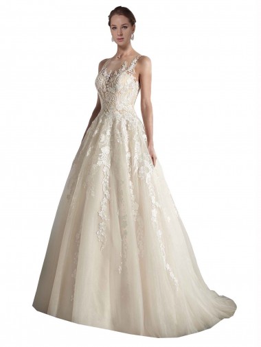 Ivory & Champagne Tulle Illusion Neck Chapel Train Sleeveless Wedding Dress Southampton