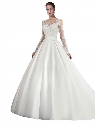 Satin & Lace Illusion Neck Cathedral Train Long Sleeves Wedding Dress Southampton