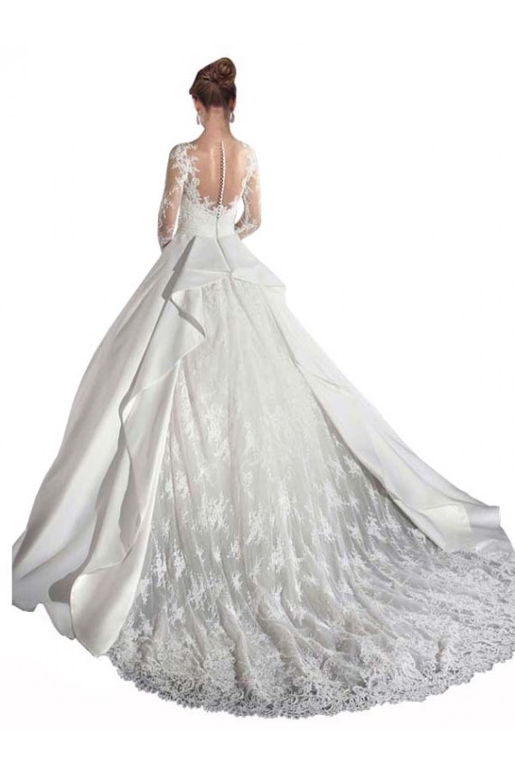 Satin & Lace Illusion Neck Cathedral Train Long Sleeves Wedding Dress Southampton