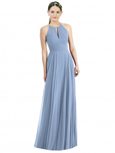 Dusty Blue Soft Chiffon Halter Neck Long Sleeveless Semi Formal Evening Dress / Bridesmaid Dress Southampton
