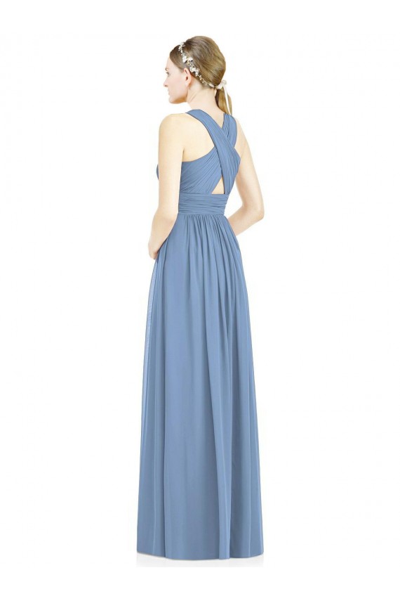 Dusty Blue Chiffon V-Neck Long Sleeveless Bridesmaid Gowns Southampton