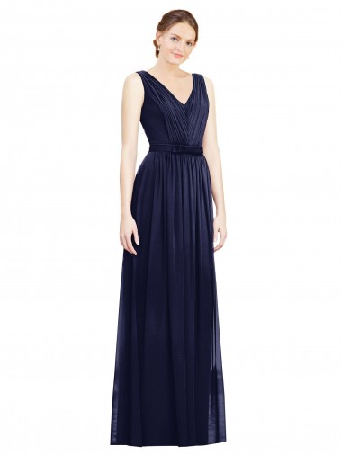 Dark Navy Chiffon V-Neck Long Sleeveless Bridesmaid Gowns Southampton