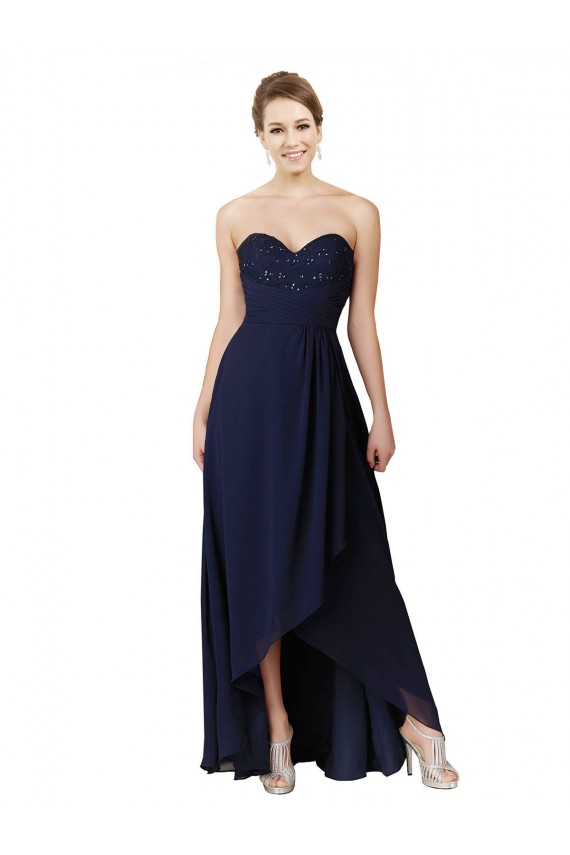 Dark Navy Soft Chiffon Sweetheart Long Sleeveless High Low Bridesmaid Dress Southampton