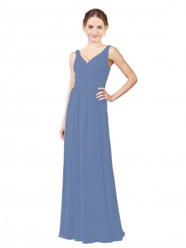 Windsor Blue Soft Chiffon V-Neck Long Sleeveless Bridal Party Dress Southampton