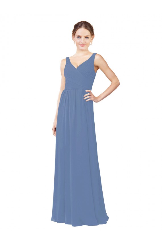 Windsor Blue Soft Chiffon V-Neck Long Sleeveless Bridal Party Dress Southampton