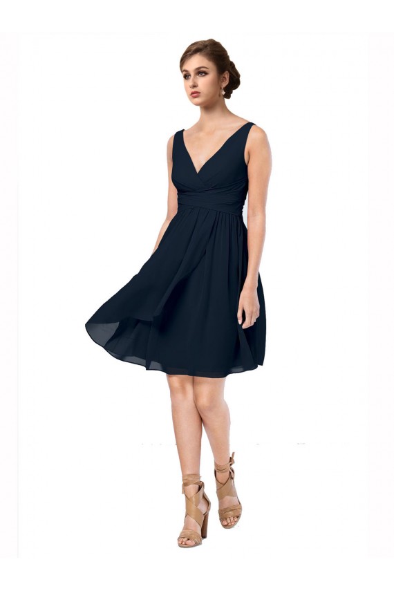 Dark Navy Soft Chiffon V-Neck Knee Length Sleeveless Bridesmaid Dress Southampton