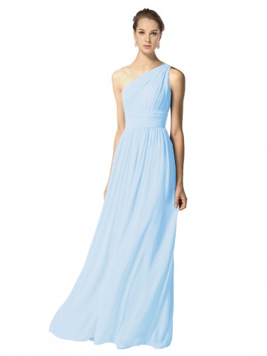 Light Sky Blue Soft Chiffon One Shoulder Long Sleeveless Bridesmaid Dress Southampton