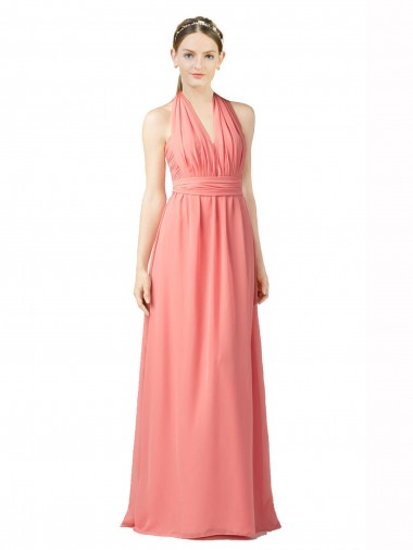 Watermelon Soft Chiffon Halter Neck Long Sleeveless Bridesmaid Dress Southampton