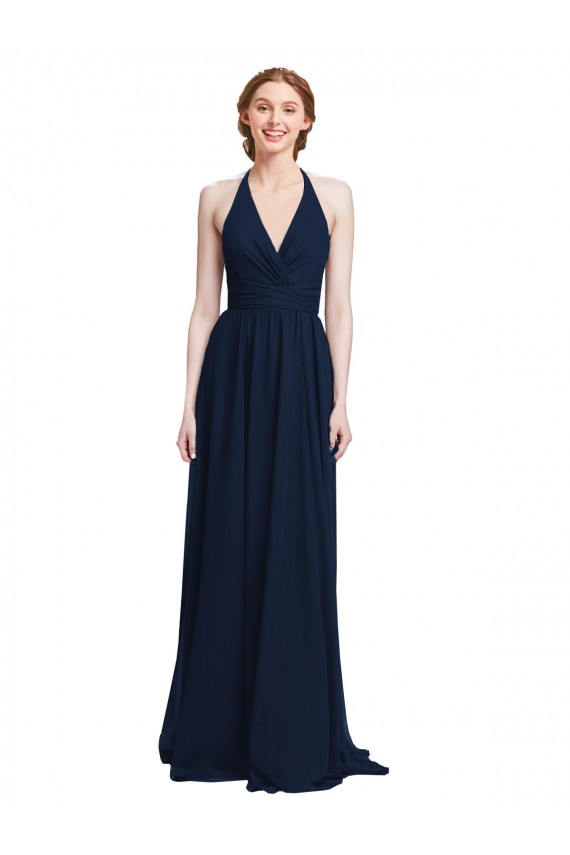 Dark Navy Chiffon Halter Neck Long Sleeveless Formal Dress / Bridesmaid Dress Southampton