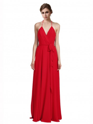 Red Chiffon Spaghetti Straps Long Sleeveless Bridesmaid Dress Southampton