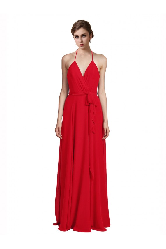 Red Chiffon Spaghetti Straps Long Sleeveless Bridesmaid Dress Southampton