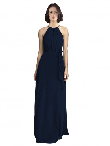 Dark Navy Chiffon Halter Neck Long Sleeveless Evening Gowns / Bridesmaid Dresses Southampton