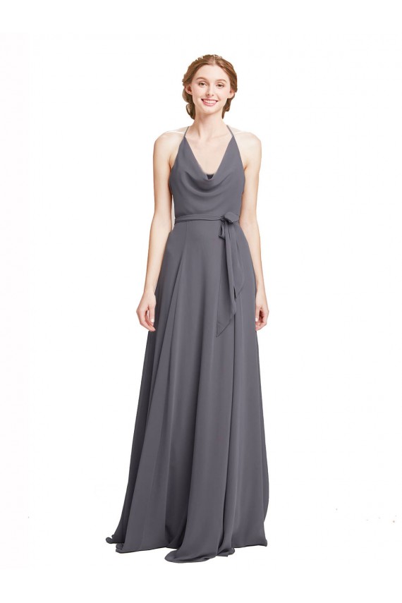 Slate Grey Soft Chiffon Spaghetti Straps Long Sleeveless Bridesmaid Dress Southampton