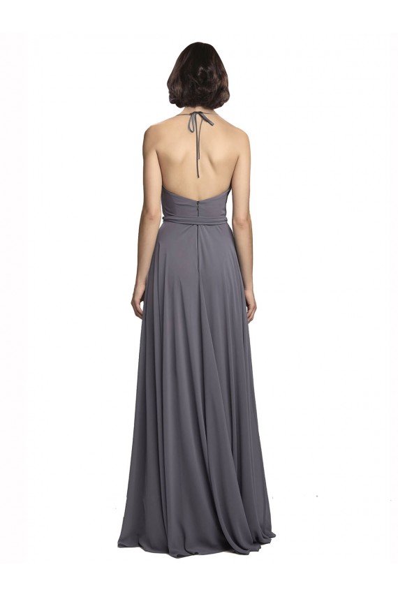 Slate Grey Soft Chiffon Spaghetti Straps Long Sleeveless Bridesmaid Dress Southampton
