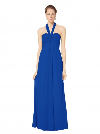 Low Back Royal Blue Chiffon Halter Neck Long Floor Length Sleeveless Bridesmaid Dress Southampton