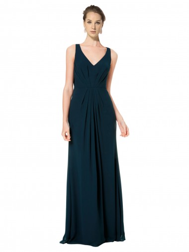 Midnight Green Soft Chiffon V-Neck Long Sleeveless Bridesmaid Dress Southampton