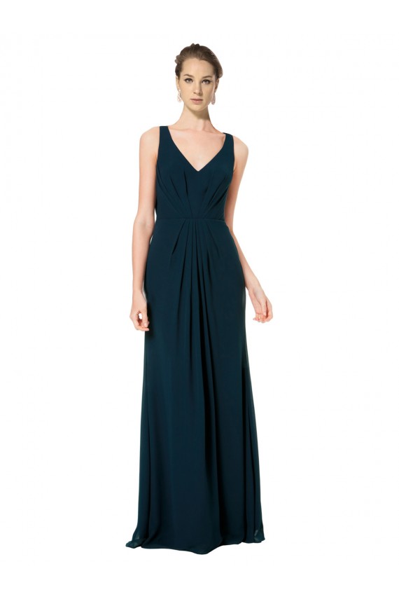 Midnight Green Soft Chiffon V-Neck Long Sleeveless Bridesmaid Dress Southampton
