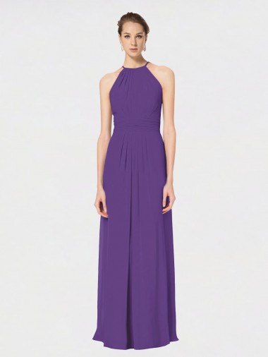 Open Back Plum Purple Soft Chiffon Spaghetti Straps Long Sleeveless Bridesmaid Dress Southampton