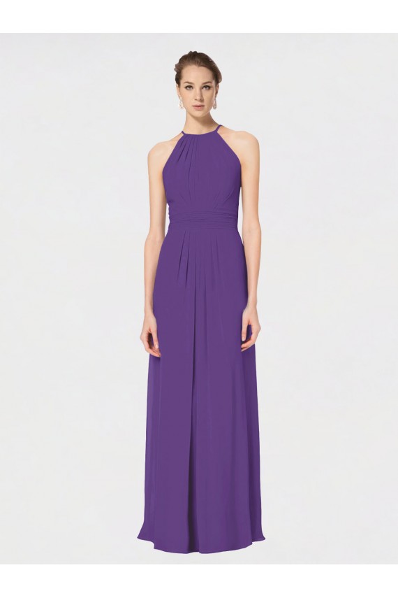 Open Back Plum Purple Soft Chiffon Spaghetti Straps Long Sleeveless Bridesmaid Dress Southampton