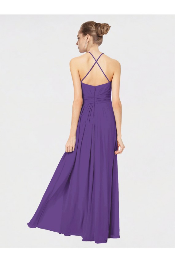 Open Back Plum Purple Soft Chiffon Spaghetti Straps Long Sleeveless Bridesmaid Dress Southampton