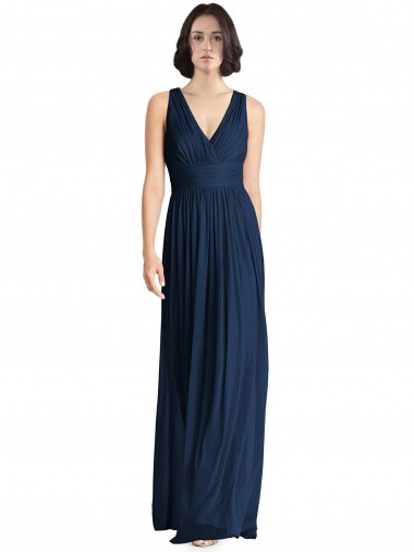Dark Navy Chiffon V-Neck Long Floor Length Sleeveless Bridesmaid Dress Southampton