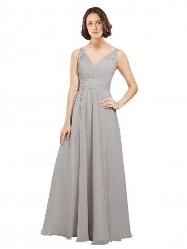 V-Back Oyster Silver Soft Chiffon V-Neck Long Sleeveless Bridesmaid Dress Southampton