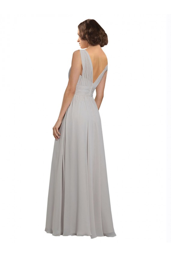 V-Back Oyster Silver Soft Chiffon V-Neck Long Sleeveless Bridesmaid Dress Southampton