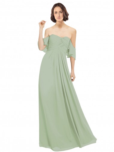 Smoke Green Soft Chiffon Off the Shoulder Long Cold Shoulder Bridesmaid Dress Southampton