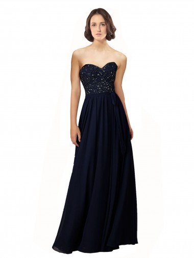 Dark Navy Soft Chiffon Sweetheart Long Sleeveless Bridesmaid Dress / Formal Dress Southampton