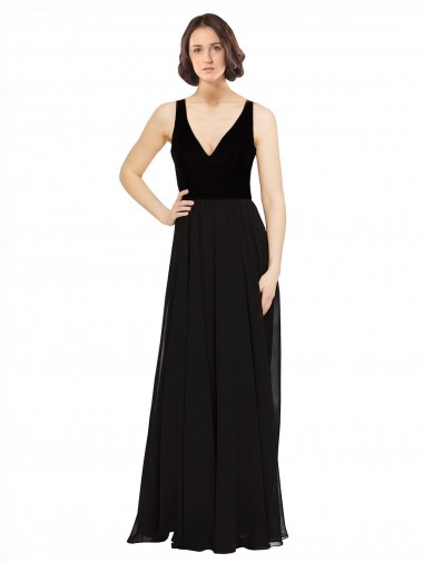V-Back Soft Chiffon & Velvet V-Neck Long Sleeveless Prom Dress / Bridesmaid Dress Southampton