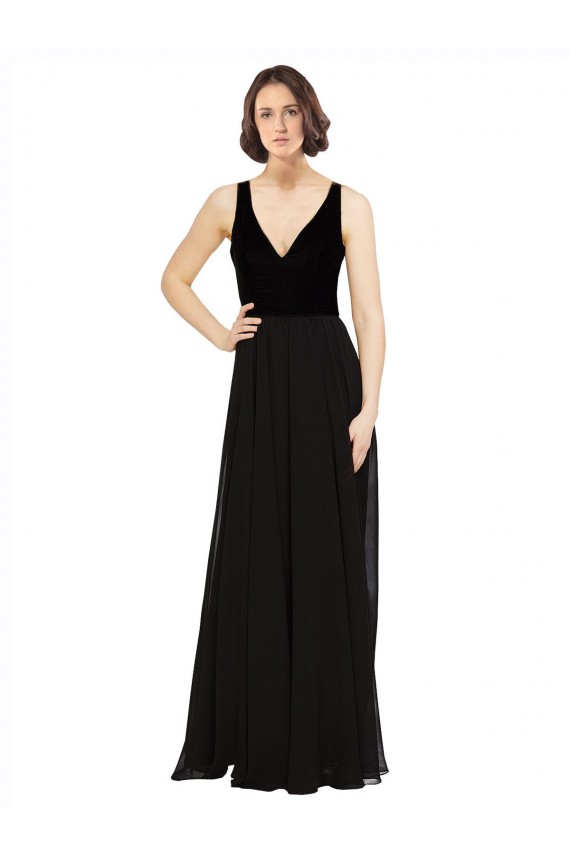 V-Back Soft Chiffon & Velvet V-Neck Long Sleeveless Prom Dress / Bridesmaid Dress Southampton