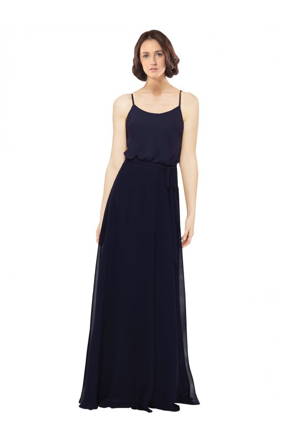 Dark Navy Soft Chiffon Scoop Neck Long Sleeveless Bridal Party Dress Southampton