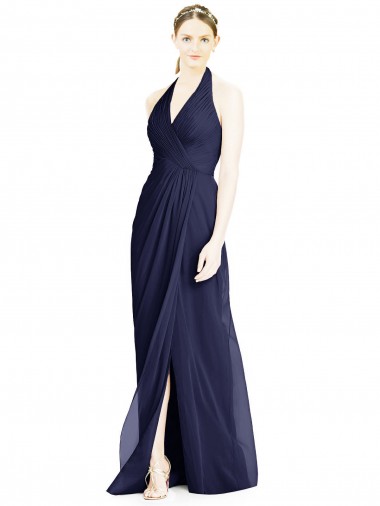 Open Back Dark Navy Soft Chiffon Halter Neck Long Sleeveless Formal Dress / Bridesmaid Dress Southampton