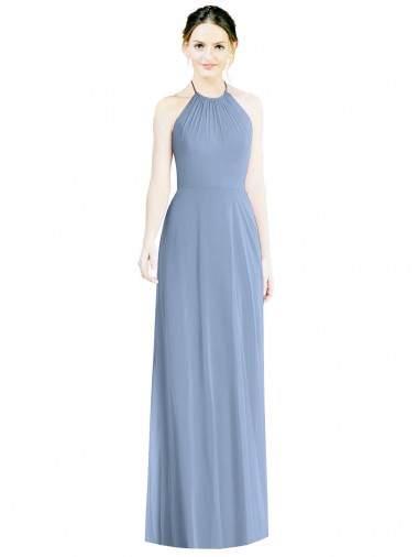 Low Back Dusty Blue Chiffon Halter Neck Long Floor Length Sleeveless Bridesmaid Dress Southampton