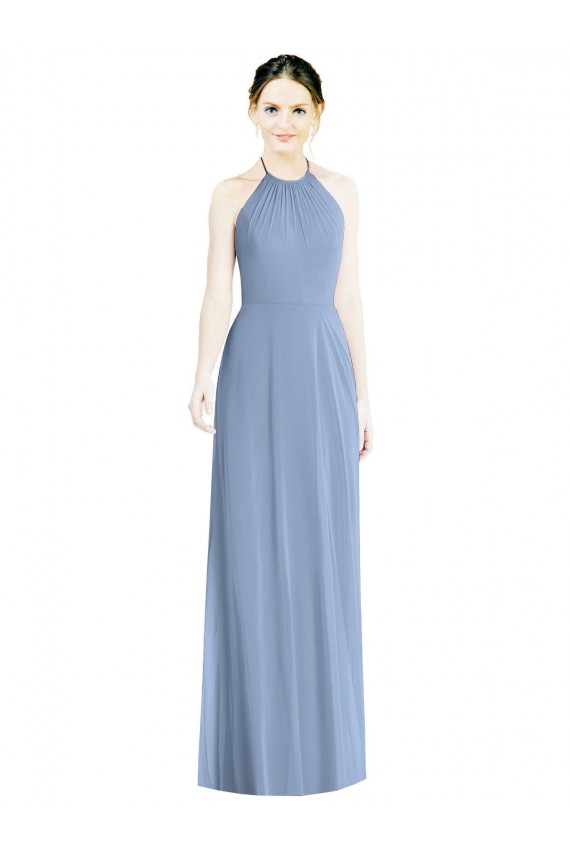 Low Back Dusty Blue Chiffon Halter Neck Long Floor Length Sleeveless Bridesmaid Dress Southampton