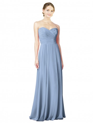 Low Back Dusty Blue Chiffon Sweetheart Long Sleeveless Wedding Party Dress Southampton