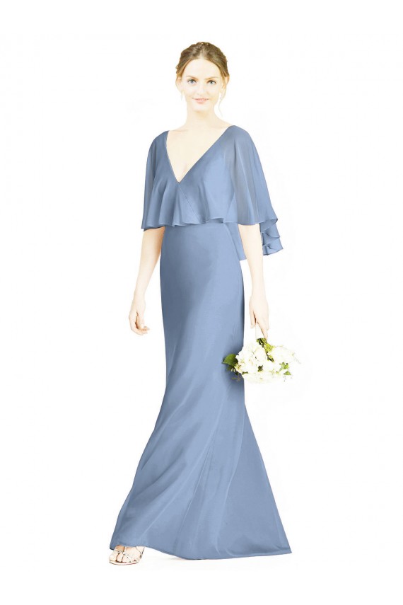 Dusty Blue Soft Chiffon V-Neck Long Sleeveless Bridesmaid Dress Southampton