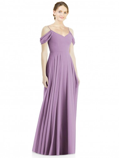 Low Back Dark Lavender Soft Chiffon Off the Shoulder Long Sleeveless Semi Formal Evening Dress / Bridesmaid Dress Southampton