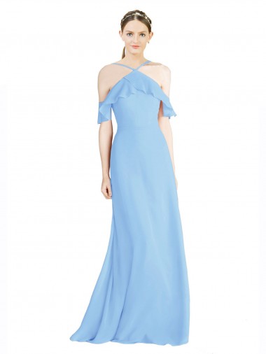 Low Back Soft Chiffon Halter Neck Long Cold Shoulder Formal Dress / Bridesmaid Dress Southampton