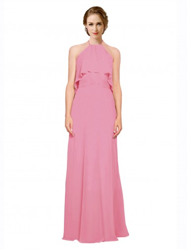 Low Back Skin Pink Soft Chiffon Halter Neck Long Sleeveless Bridesmaid Dress Southampton
