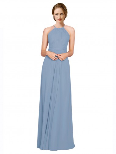Open Back Dusty Blue Chiffon Halter Neck Long Sleeveless Bridesmaid Dress / Evening Dress Southampton