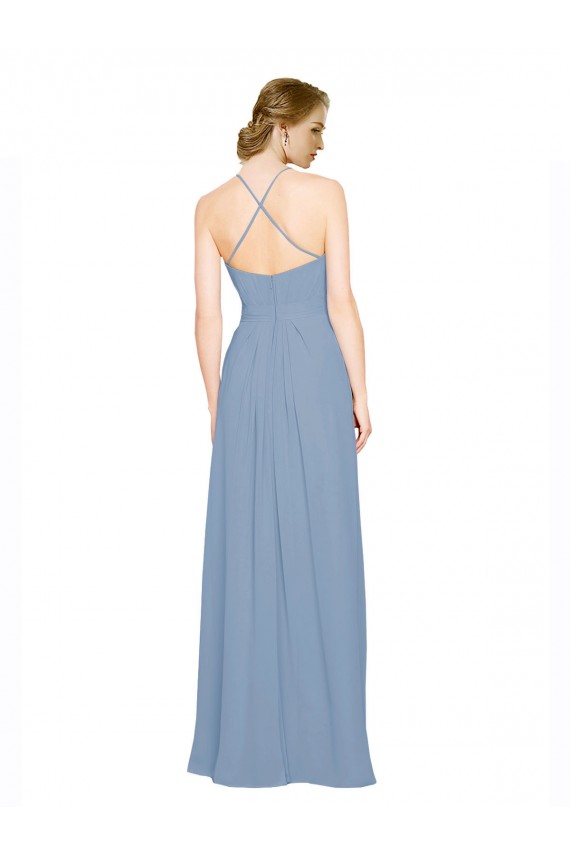 Open Back Dusty Blue Chiffon Halter Neck Long Sleeveless Bridesmaid Dress / Evening Dress Southampton
