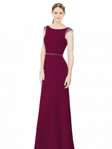 Low Back Burgundy Soft Chiffon Boat Neck Long Sleeveless Bridesmaid Dress Southampton