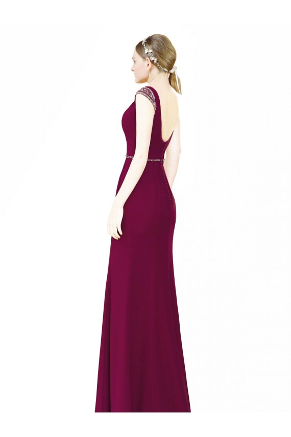 Low Back Burgundy Soft Chiffon Boat Neck Long Sleeveless Bridesmaid Dress Southampton